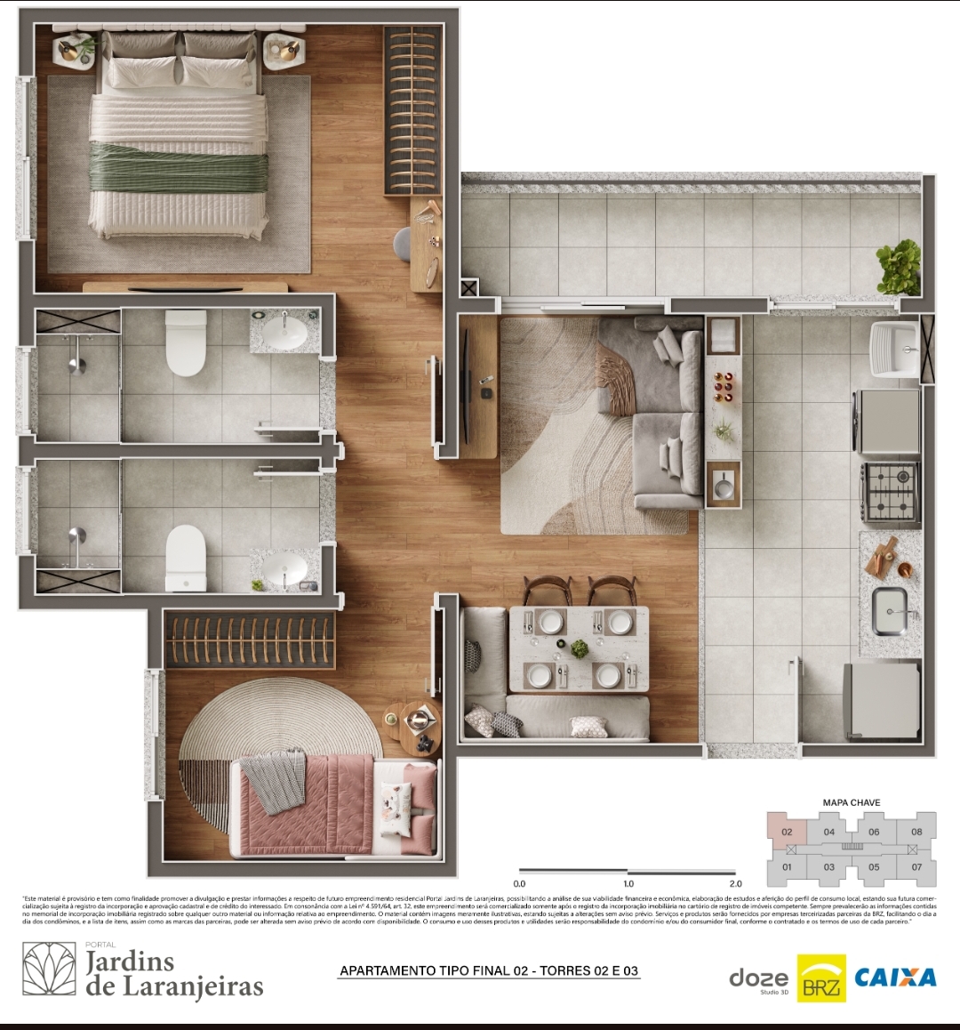 Planta do apartamento tipo final 02 das Torres 02 e 03 com dois quartos