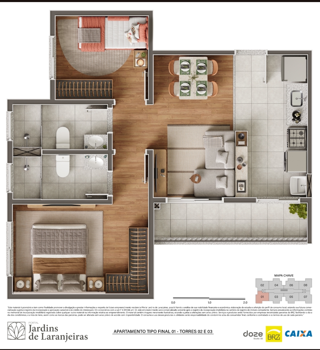 Planta do apartamento tipo final 01 das Torres 02 e 03 com dois quartos