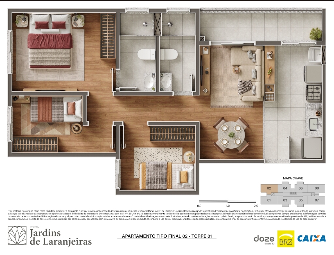 Planta do apartamento tipo final 02 da Torre 01 com três quartos
